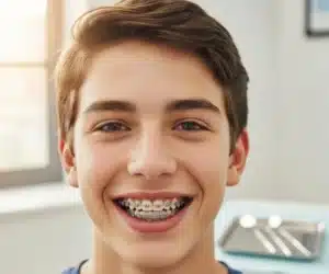 Smiling teenage boy with metal braces on teeth