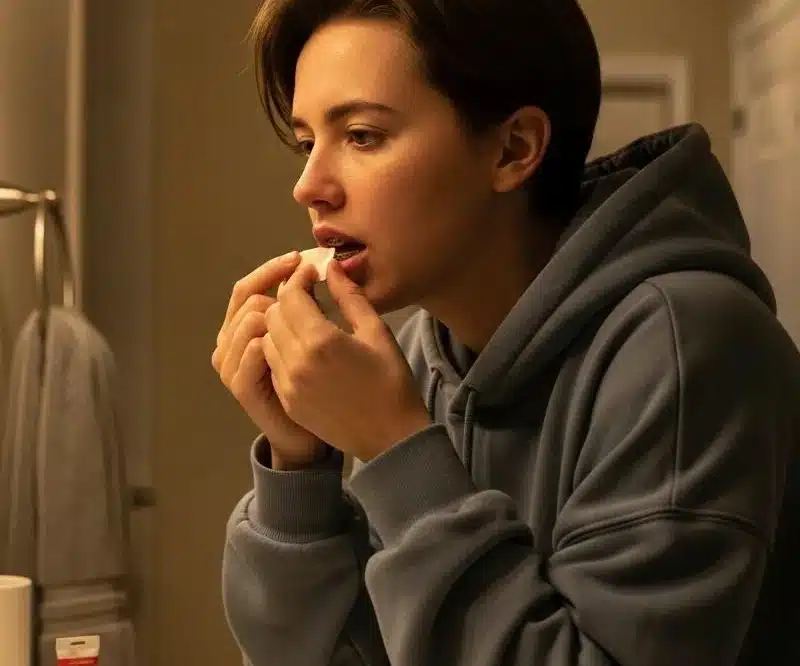 Teenage boy cleaning his metal braces