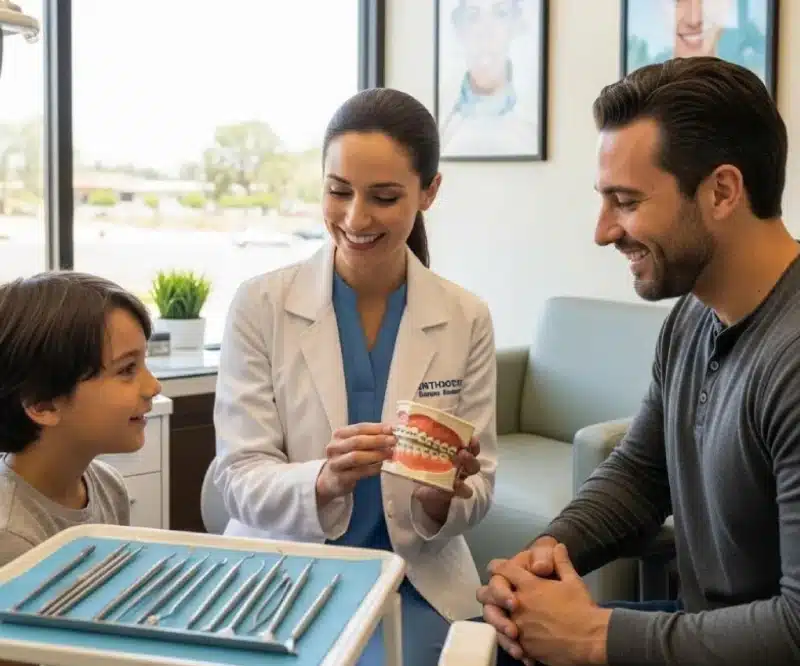 dentist explaining orthodontic treatment options to parent and child in clinic