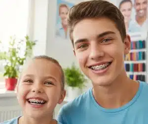Smiling child and teenager showing traditional metal braces in dental office