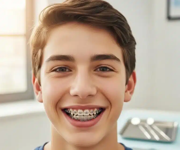 Smiling teenage boy with metal braces on teeth
