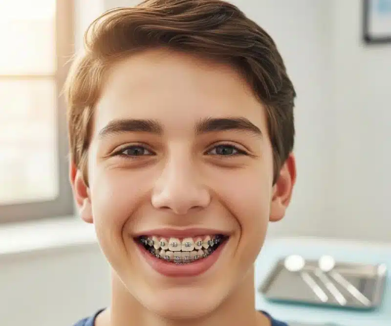Smiling teenage boy with metal braces on teeth