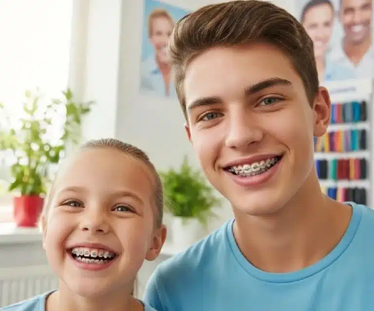 Smiling child and teenager showing traditional metal braces in dental office